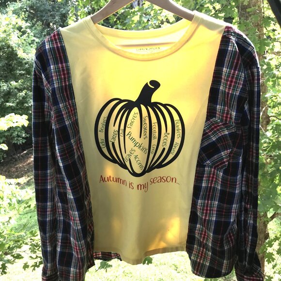 Flannel Tee Upcycle, Autumn Pumpkin Graphic, Size S-M: Oversized Long-Sleeved - Picture 3 of 12